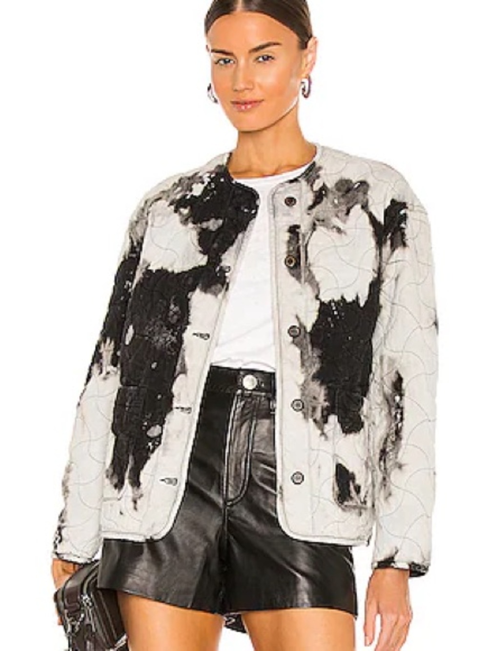 All Saints Nora Tie-Dye Quilted Paint-Splash Moto Bomber Jacket - Black & White